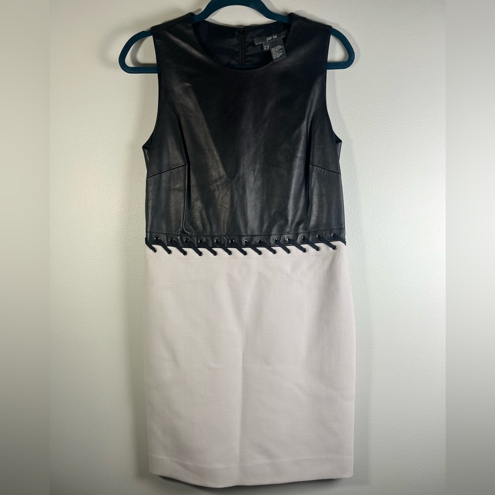 Per Se Leather White Wool Colorblock Dress Size 10 Lacing Classic Career